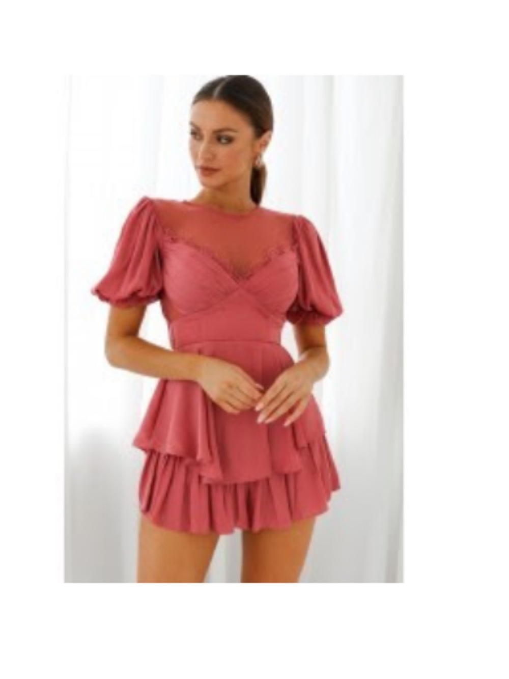 Women's Rose Pink Tiered Mini Dress with Puff Sleeves